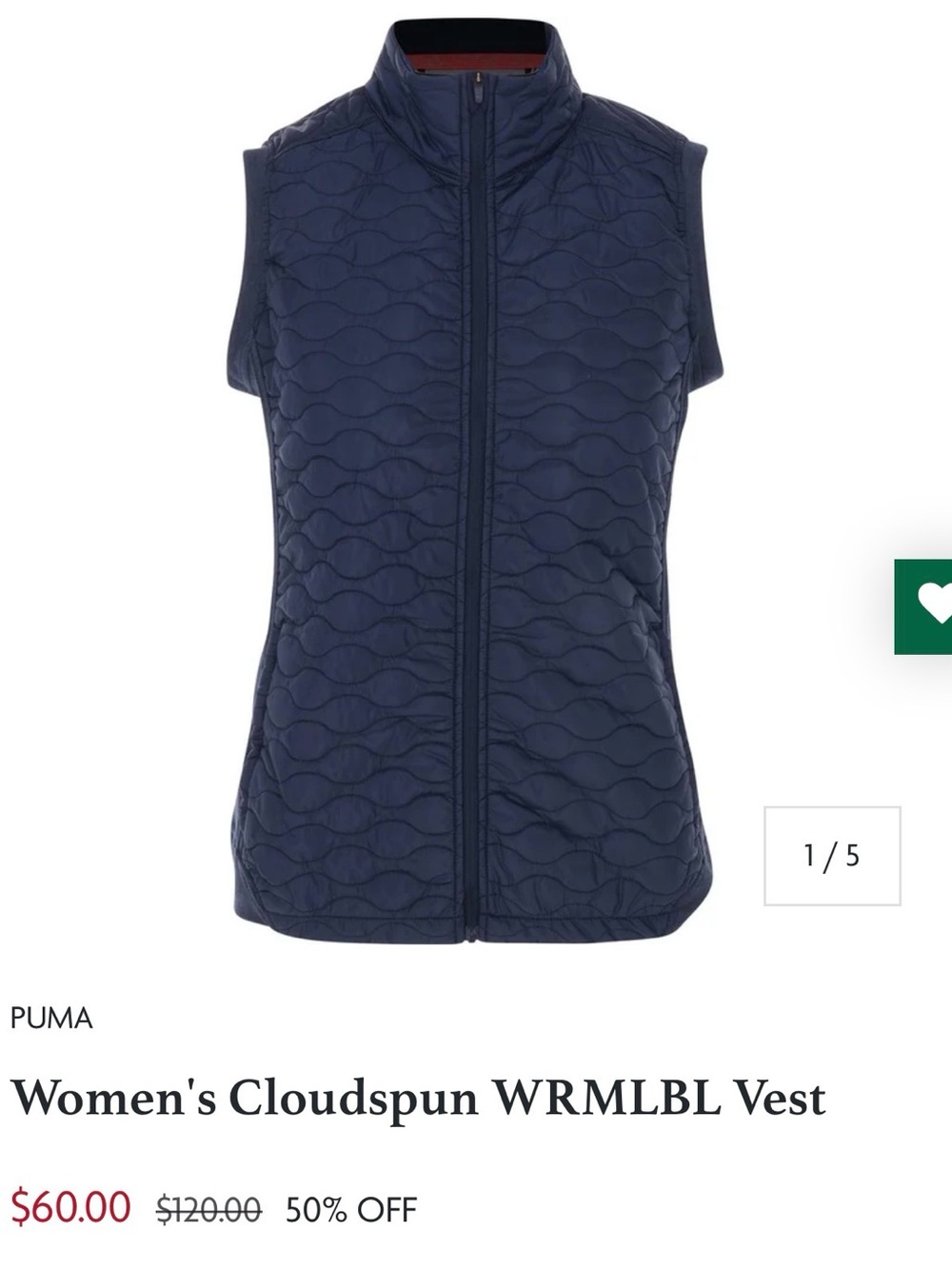 Puma Navy Quilted Sleeveless Zip Vest
